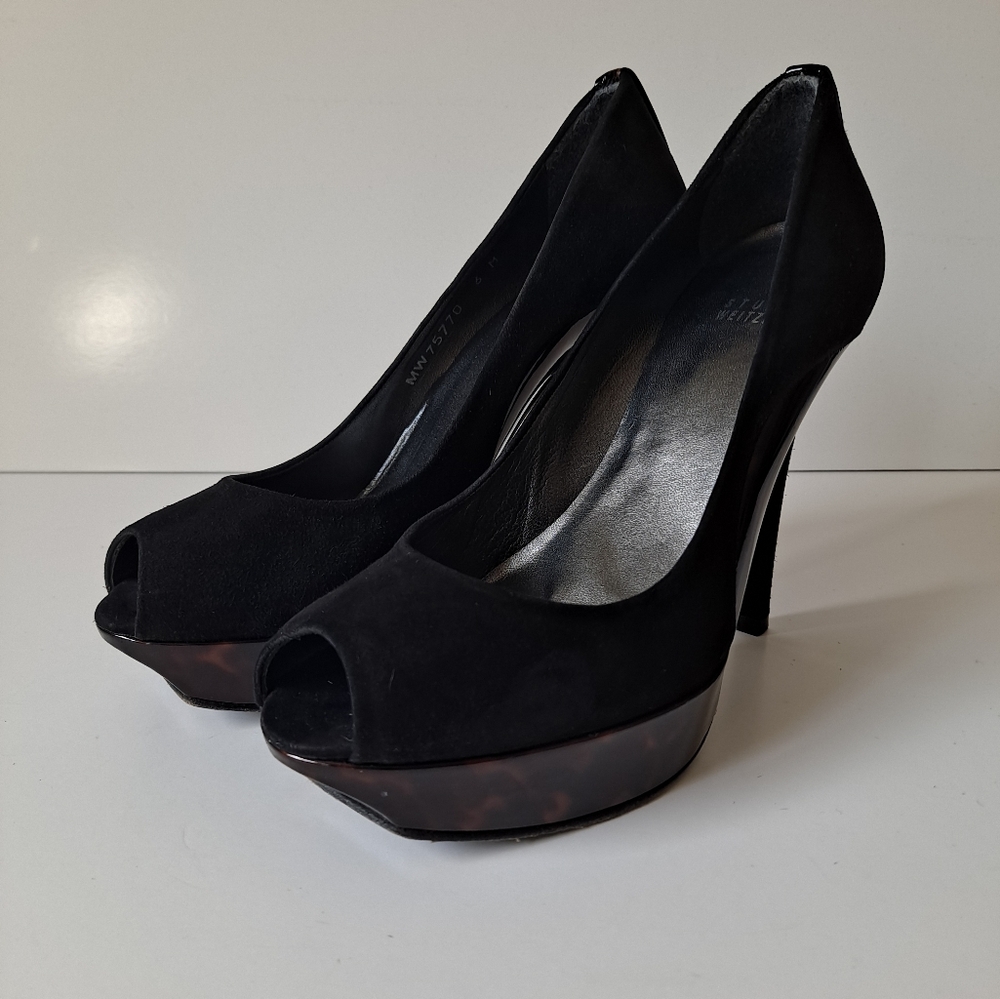 Stuart Weitzman Archer Black Suede Cheetah Peep Toe Pumps Size 6